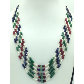 White pearls with multicolour stones 5 layers necklace jpm0423