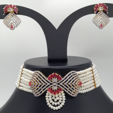 White And Red CZ Choker Set With 7 Line Flat Pearls Mala JPS0514