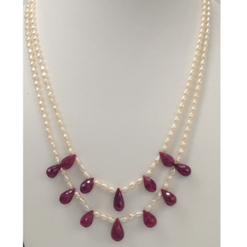 Freshwater White Rice Pearls 2 Layers Necklace With Faceted Red Ruby Drops JPM0203