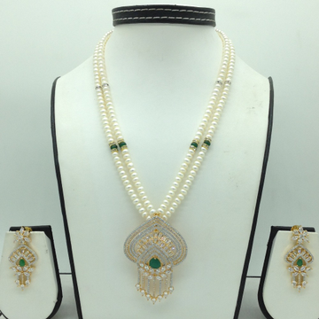 White,green cz pendent set with 2 line flat pearls jps0691