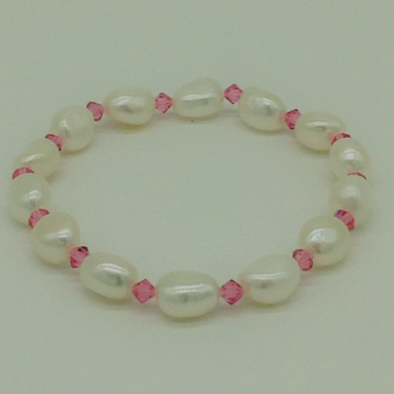 White Oval Baroque Pearls with Pink Crystals 1 Layer Elastic Bracelet JBG0166