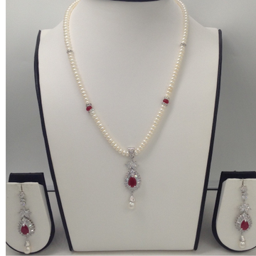 White, red cz pendent set with flat pearls mala jps0129