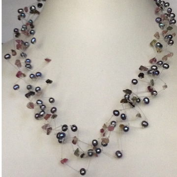 Freshwater Grey potato Pearls Wire ZIgZag Necklace with Semi Precious Chips