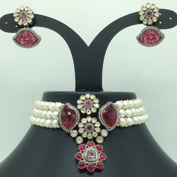 White,Red CZ Stones Choker Set With Button Jali Pearls Mala JPS0583