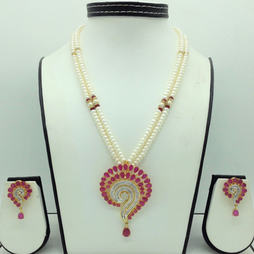 White,Red CZ Pendent Set With 2 Line Flat Pearls Mala JPS0698