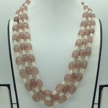 Natural Pink quartz and Pearls 3 Line Necklace JSS0190