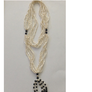 white rice pearls long necklace with black semi beeds JPM0289