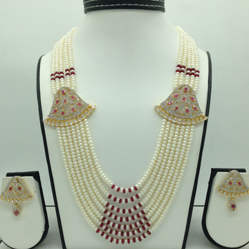 White And Red CZ Brooch Set With 7 Lines Flat Pearls Mala JPS0672