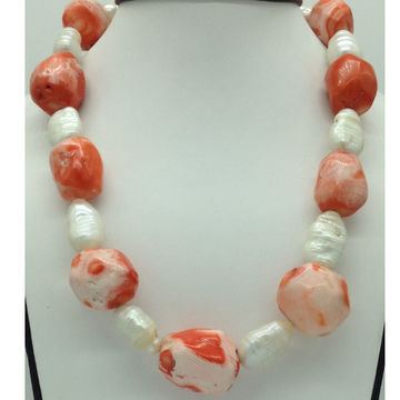 White Oval Baroque Pearls With Coral Drums Necklace JPM0387