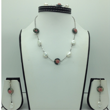 Freshwater white pearls and semi flowers silver necklace set jnc0070