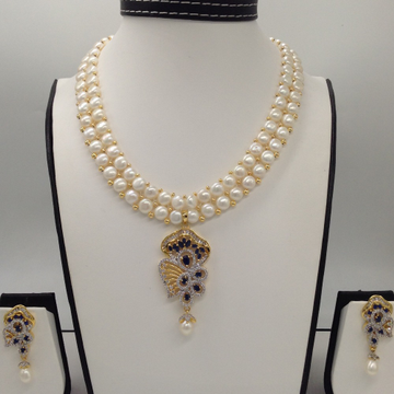White;blue cz pendent set with 2 line button jali pearls jps0394
