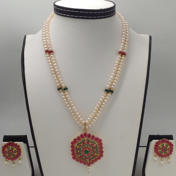 Red, green cz pendent set with 2 line flat pearls mala jps0274