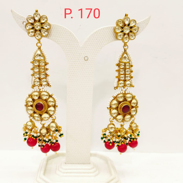 Gold plated flower design kundan long earring with...