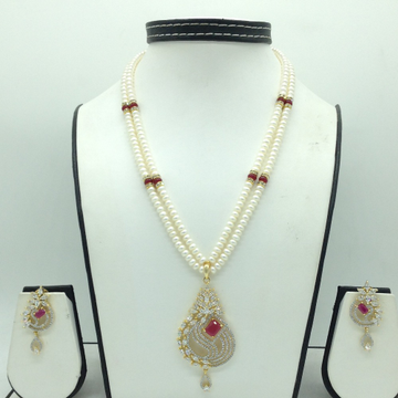 White,red cz pendent set with 2 line flat pearls jps0695