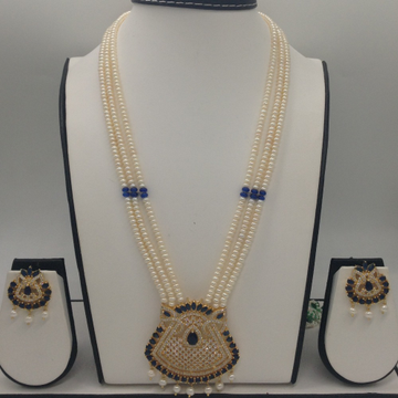 White, Blue CZ And Pearls Exclusive Pendent Set With 3 Line Flat Pearls Mala JPS0424