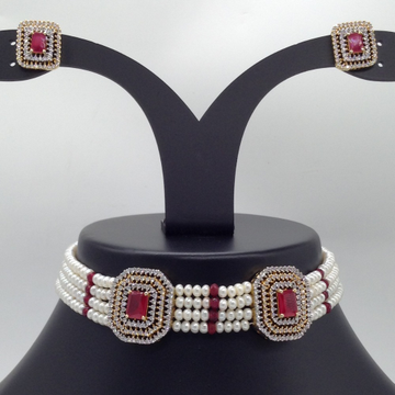 White And Red CZ Choker Set With 4 Line Flat Pearls Mala JPS0518