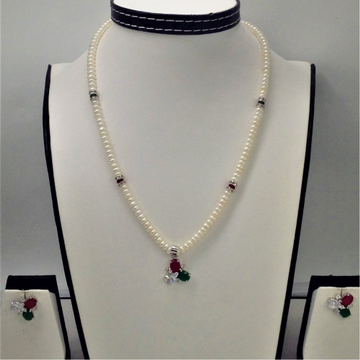 Tri colour cz pendent set with flat pearls mala jps0113