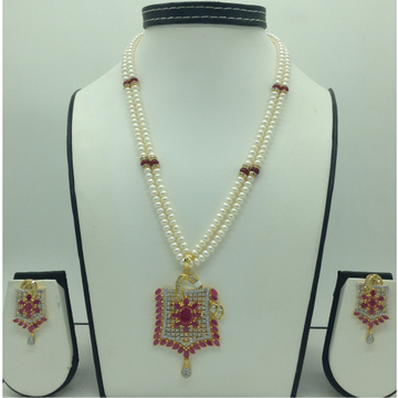 White;red cz pendent set with 2 line flat pearls jps0646