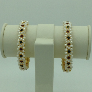 Pearls and red, green cz stones flower bangles jbg0087