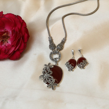 92.5 Sterling  Silver Roby Stone Oxidised Necklace...