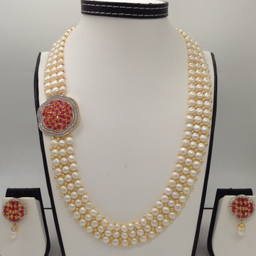 White And Red CZ Broach Set With 3 Line Button Jali Pearls Mala JPS0191