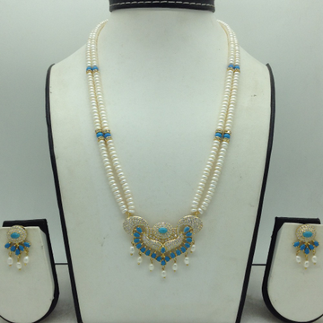 White Cz;Turquoise Pendent Set With 2 Line White Pearls Mala JPS0818