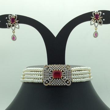 White and Red CZ Choker Set With 4 Line Flat Pearls Mala JPS0621