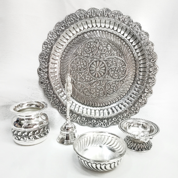 92.5% Pure Silver Pooja Thali Set In Antique Work