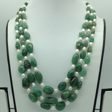 White Pearls with Green Emeralds Oval 3 Layers Necklace JPM0491