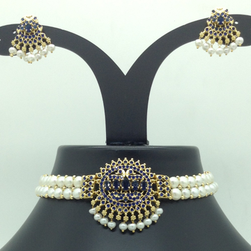 Blue CZ and Pearls Choker Set With Button Pearls Mala JPS0627