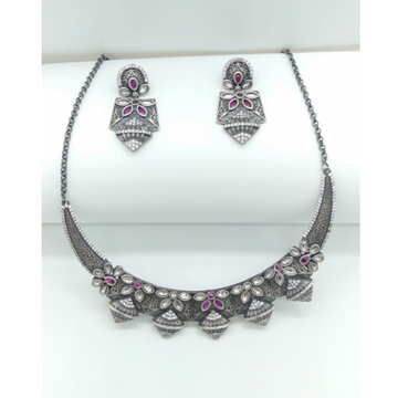 925 Oxidized Silver Pink Stone Necklace Set VJ-N00... by 