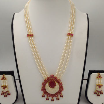 Red CZ And White Pearls Rani Haar Set With 3 Lines Flat Pearls Mala JPS0469