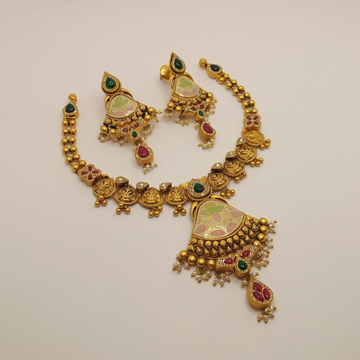 22K Gold Antique Meenakari Necklace Set by 