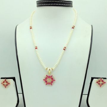 White;red cz pendent set with 1 line flat pearls mala jps0679