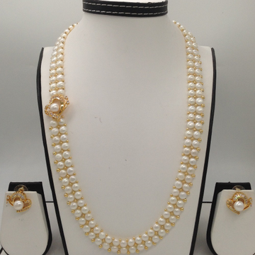 White CZ And Pearls Broach Set With 2 Line Button Jali Pearls Mala JPS0233