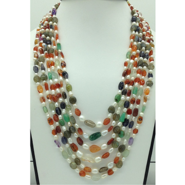 White oval pearls with oval semi beeds 6 layers necklace jpm0393