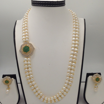 White And Green CZ Broach Set With 2 Line Button Jali Pearls Mala JPS0215
