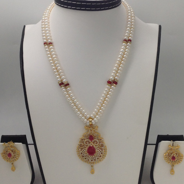 White;red cz pendent set with 2 line flat pearls mala jps0275