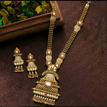 22k gold  antique with jadtar long Necklace set by Sneh Ornaments