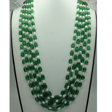 White Oval Pearls with Green Oval Beeds 5 Layers Mala JPM0511