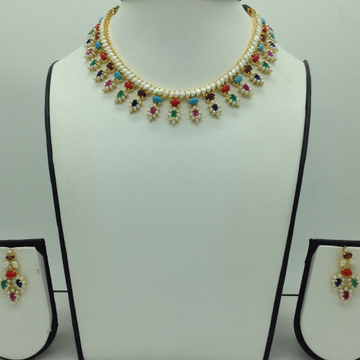 Navratan and white button pearls necklace set jnc0115