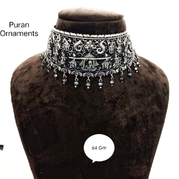 Pure silver temple chokar necklace in antique poli... by 