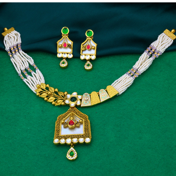 temple design gold necklace set in 916 22k. by 