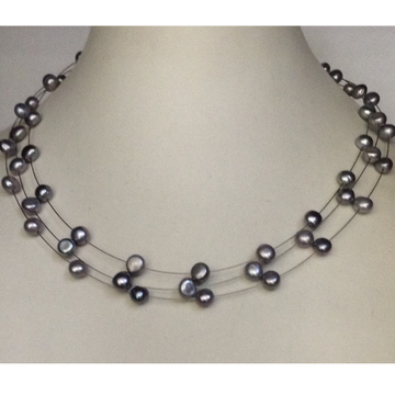 grey button pearls 3 layers wire necklace JPM0188