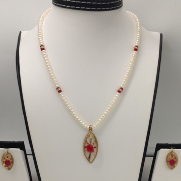 White And Red CZ Pendent Set With Flat Pearls Mala JPS0081
