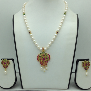 Green,Red Cz Pendent Set With 1 Line White Pearls Mala JPS0836
