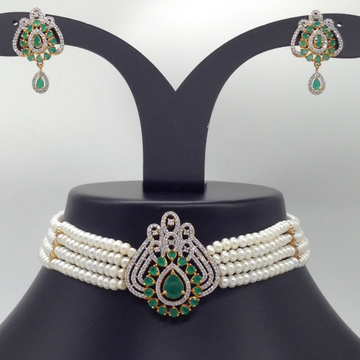 White and green cz choker set with 4 line flat pearls mala jps0530