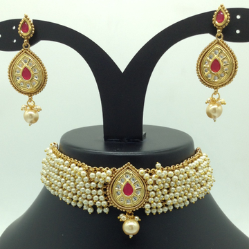 White, red kundan and pearls jali choker set jnc0124