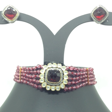 White Red Kundan Choker Set With 5 Line Red Beeds JPS0783
