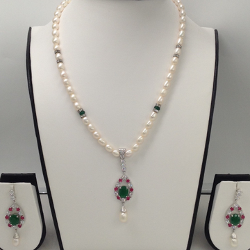 Tri colour cz pendent set with oval pearls mala jps0066